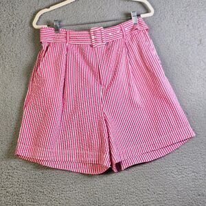 A New Day Womens Shorts L Pink White Pinstripe Paperbag Belted High Rise Pockets